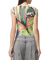 AFRM Nina Butterfly Printed Crewneck Short Sleeve Mesh Top