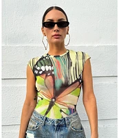AFRM Nina Butterfly Printed Crewneck Short Sleeve Mesh Top