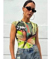 AFRM Nina Butterfly Printed Crewneck Short Sleeve Mesh Top