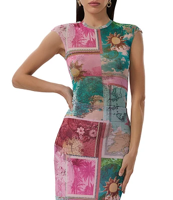 AFRM Nina Tropical Postcard Print Crewneck Short Sleeve Mesh Top