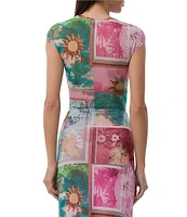 AFRM Nina Tropical Postcard Print Crewneck Short Sleeve Mesh Top