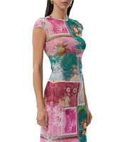 AFRM Nina Tropical Postcard Print Crewneck Short Sleeve Mesh Top