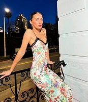 AFRM Nissa Floral Mesh V-Neck Sleeveless Spaghetti Strap Lace Trim Sheath Dress