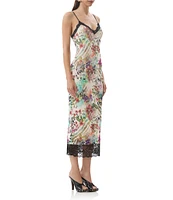 AFRM Nissa Floral Mesh V-Neck Sleeveless Spaghetti Strap Lace Trim Sheath Dress