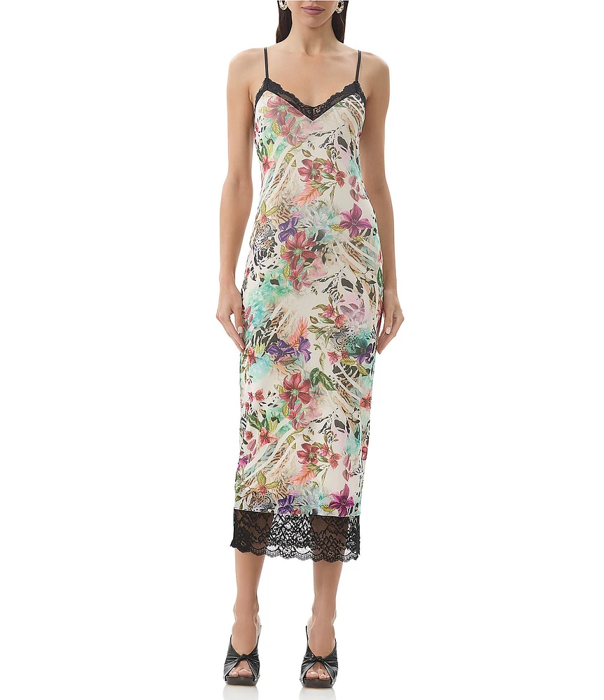 AFRM Nissa Floral Mesh V-Neck Sleeveless Spaghetti Strap Lace Trim Sheath Dress