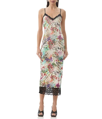 AFRM Nissa Floral Mesh V-Neck Sleeveless Spaghetti Strap Lace Trim Sheath Dress