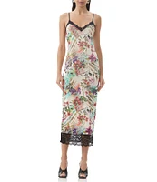 AFRM Nissa Floral Mesh V-Neck Sleeveless Spaghetti Strap Lace Trim Sheath Dress