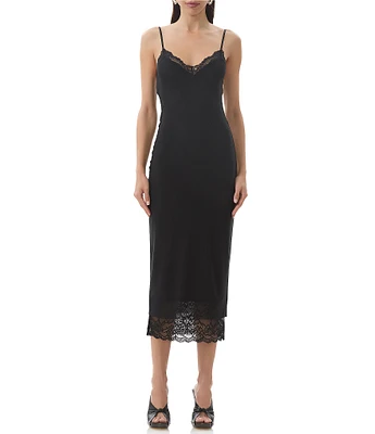 AFRM Nissa Mesh V-Neck Sleeveless Spaghetti Strap Lace Trim Sheath Dress