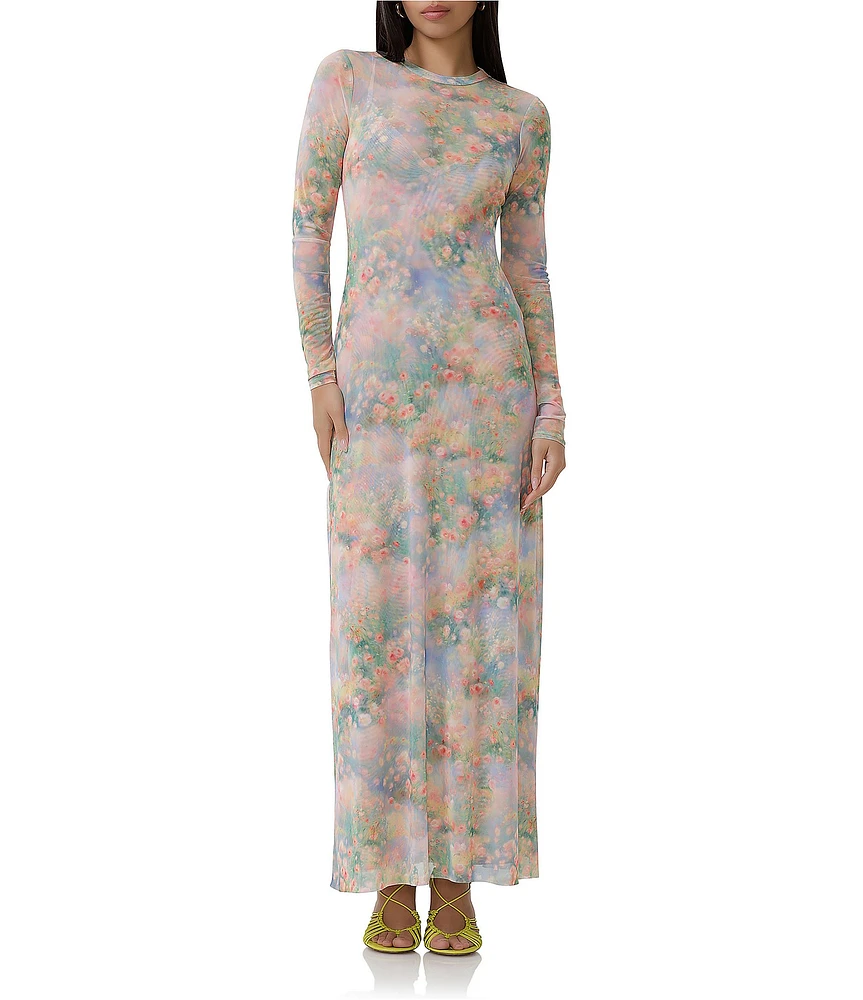 AFRM Paola Floral Print Crew Neck Long Sleeve Ankle Mesh Dress