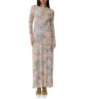 AFRM Paola Floral Print Crew Neck Long Sleeve Ankle Mesh Dress