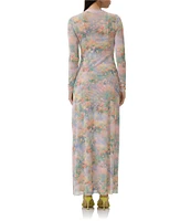 AFRM Paola Floral Print Crew Neck Long Sleeve Ankle Mesh Dress