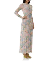 AFRM Paola Floral Print Crew Neck Long Sleeve Ankle Mesh Dress