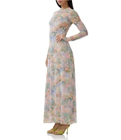 AFRM Paola Floral Print Crew Neck Long Sleeve Ankle Mesh Dress