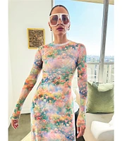 AFRM Paola Floral Print Crew Neck Long Sleeve Ankle Mesh Dress