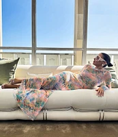 AFRM Paola Floral Print Crew Neck Long Sleeve Ankle Mesh Dress