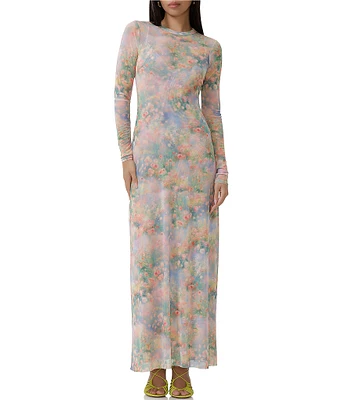 AFRM Paola Floral Print Crew Neck Long Sleeve Ankle Mesh Dress
