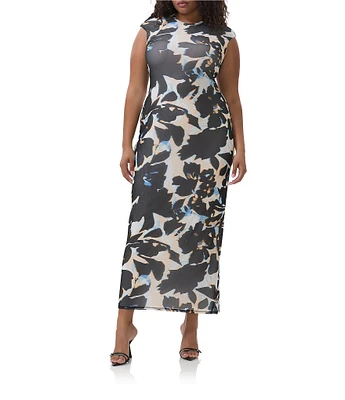 AFRM Plus Cody Floral Mesh Crew Neck Cap Sleeves Maxi Dress