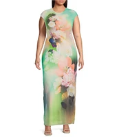 AFRM Plus Size Cody Floral Placement Print Mesh Crew Neck Cap Sleeve Maxi Dress