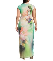AFRM Plus Size Cody Floral Placement Print Mesh Crew Neck Cap Sleeve Maxi Dress