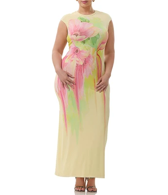 AFRM Plus Cody Floral Print Crew Neck Cap Sleeve Mesh Maxi Dress