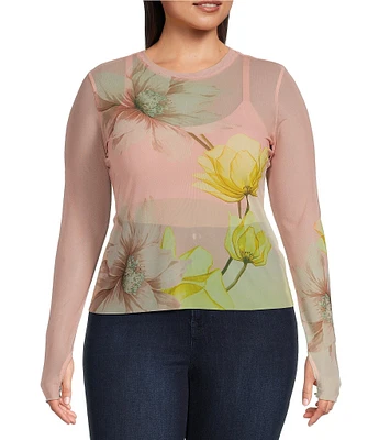 AFRM Plus Size Kaylee Mesh Floral Print Crew Neck Long Sleeve Top