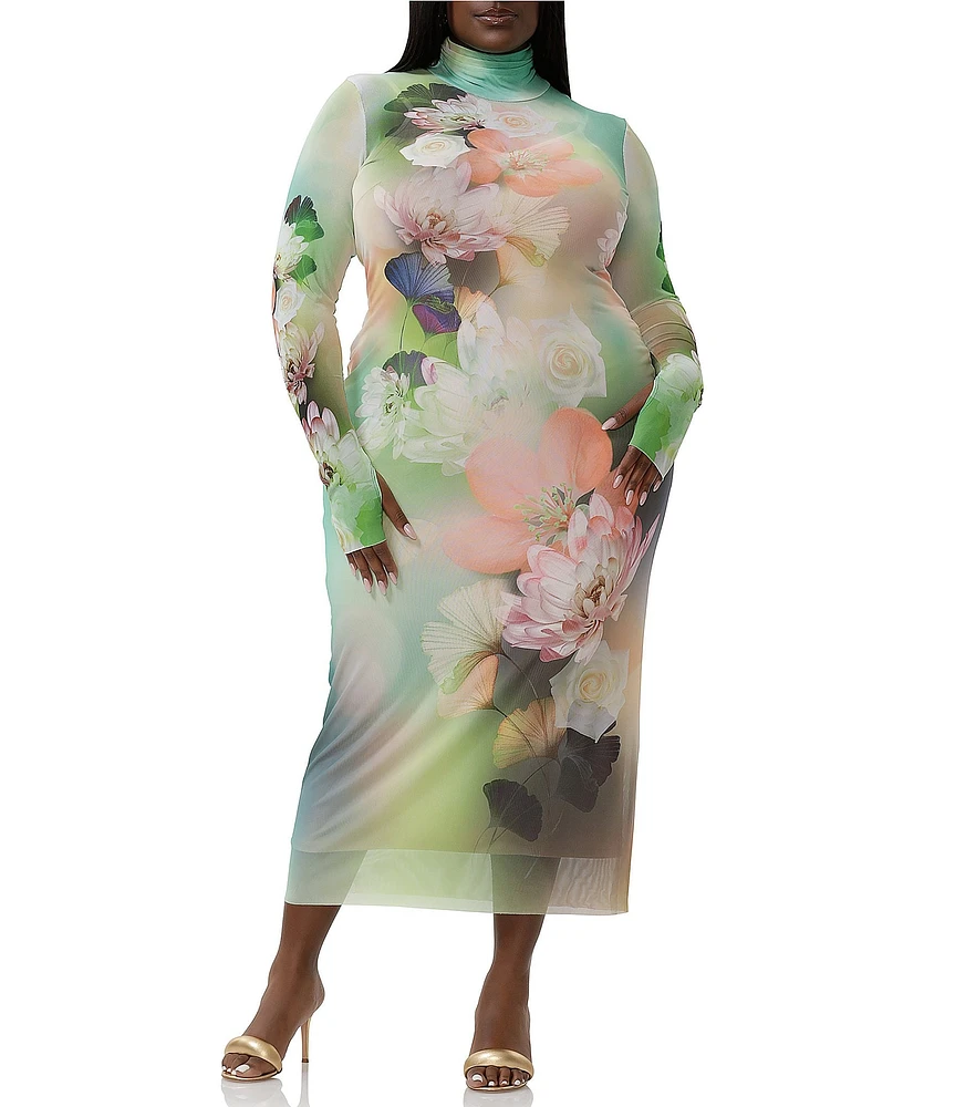 AFRM Plus Shailene Floral Placed Print Turtleneck Long Sleeve Midi Dress