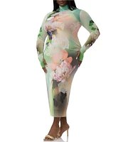 AFRM Plus Shailene Floral Placed Print Turtleneck Long Sleeve Midi Dress