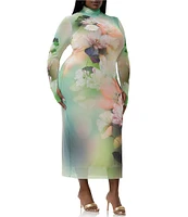 AFRM Plus Shailene Floral Placed Print Turtleneck Long Sleeve Midi Dress