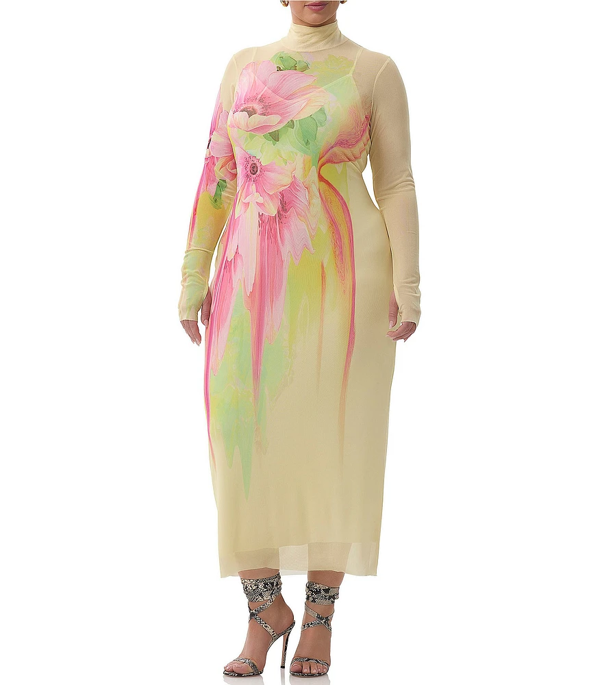 AFRM Plus Shailene Floral Print Mock Neck Long Sleeve Mesh Midi Dress