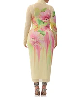 AFRM Plus Shailene Floral Print Mock Neck Long Sleeve Mesh Midi Dress