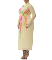 AFRM Plus Shailene Floral Print Mock Neck Long Sleeve Mesh Midi Dress