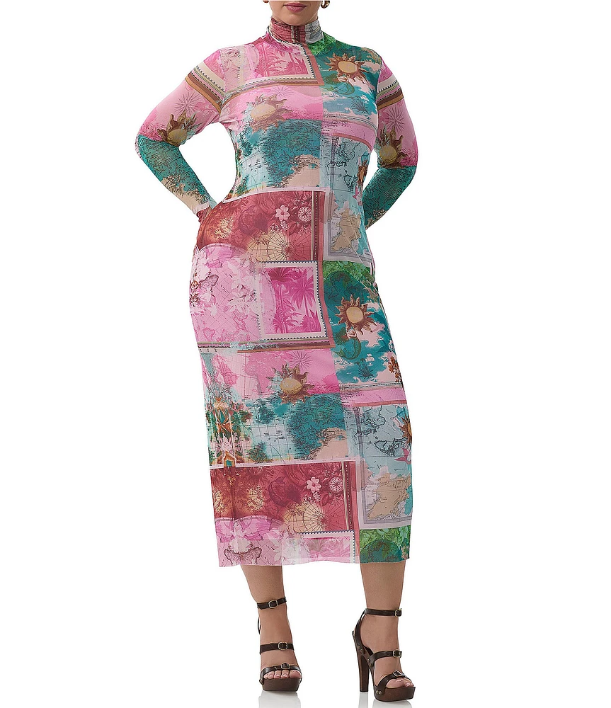 AFRM Plus Shailene Tropical Postcard Print Mock Neck Long Sleeve Mesh Midi Dress