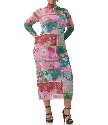 AFRM Plus Shailene Tropical Postcard Print Mock Neck Long Sleeve Mesh Midi Dress