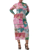 AFRM Plus Shailene Tropical Postcard Print Mock Neck Long Sleeve Mesh Midi Dress