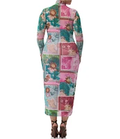 AFRM Plus Shailene Tropical Postcard Print Mock Neck Long Sleeve Mesh Midi Dress
