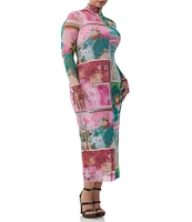AFRM Plus Shailene Tropical Postcard Print Mock Neck Long Sleeve Mesh Midi Dress