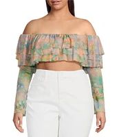 AFRM Plus Size Alma Printed Mesh Knit One Shoulder Neck Long Sleeve Ruffle Top