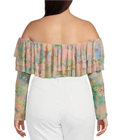 AFRM Plus Size Alma Printed Mesh Knit One Shoulder Neck Long Sleeve Ruffle Top