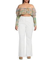 AFRM Plus Size Alma Printed Mesh Knit One Shoulder Neck Long Sleeve Ruffle Top