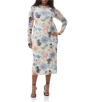 AFRM Plus Size Ashland Printed Mesh Crew Neck Long Sleeve Sheath Midi Dress