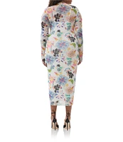 AFRM Plus Size Ashland Printed Mesh Crew Neck Long Sleeve Sheath Midi Dress