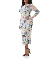AFRM Plus Size Ashland Printed Mesh Crew Neck Long Sleeve Sheath Midi Dress