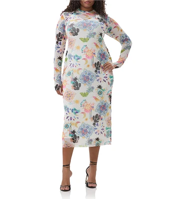 AFRM Plus Size Ashland Printed Mesh Crew Neck Long Sleeve Sheath Midi Dress