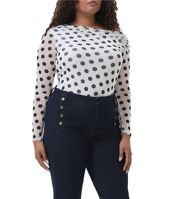 AFRM Plus Size Barry Dotted Print Mesh Asymmetric Neck Long Sleeve Top