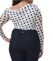AFRM Plus Size Barry Dotted Print Mesh Asymmetric Neck Long Sleeve Top