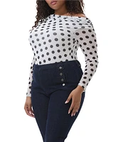 AFRM Plus Size Barry Dotted Print Mesh Asymmetric Neck Long Sleeve Top