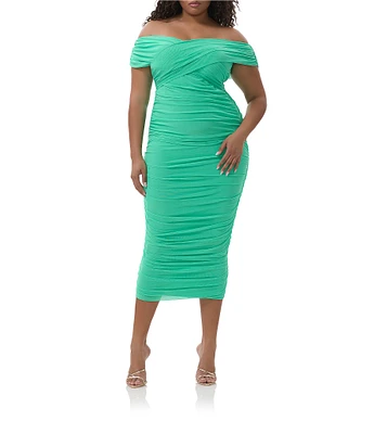 AFRM Plus Size Belmont Mesh Jersey Off-The-Shoulder Ruched Sheath Midi Dress