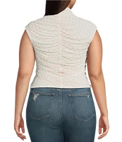 AFRM Plus Size Jolie Dotted Print Mesh Knit Ruched Mock Neck Short Sleeve Top