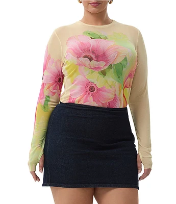 AFRM Plus Size Kaylee Floral Print Crew Neck Long Sleeve Mesh Top