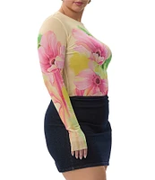 AFRM Plus Size Kaylee Floral Print Crew Neck Long Sleeve Mesh Top